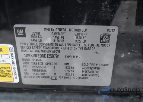 2013 GMC Acadia Sle-1 z USA, uszkodzony, nr VIN 1GKKVNED8DJ258791
